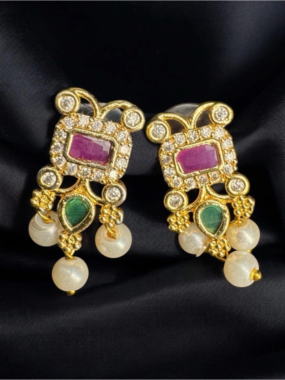 Ruby Emerald Pearl and Cubic Zirconia Dangle Earrings